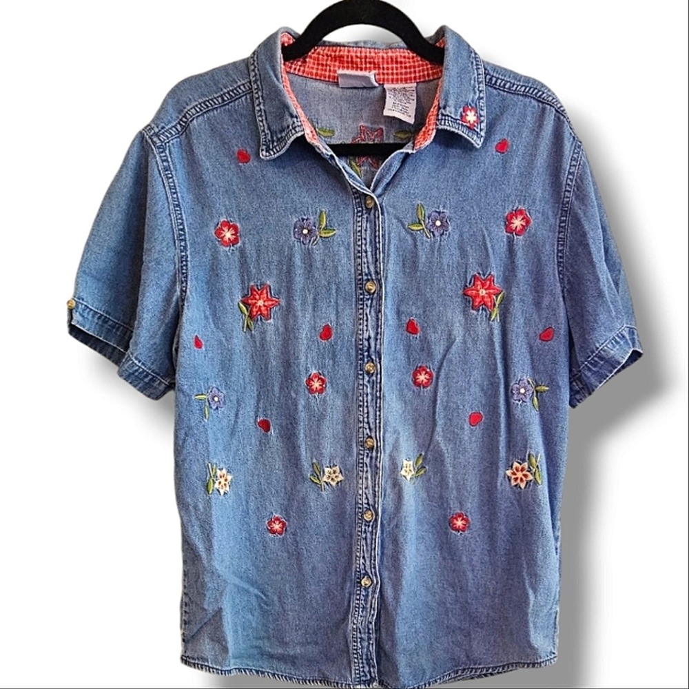 Vintage 90s Denim Floral Embroidered Button Down Collared Jean Blouse Size